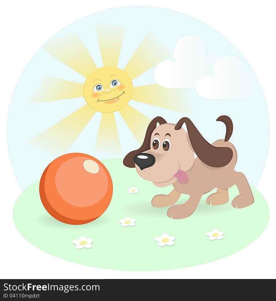 Vector illustration of happy dog on green shiny lawn. Vector illustration of happy dog on green shiny lawn