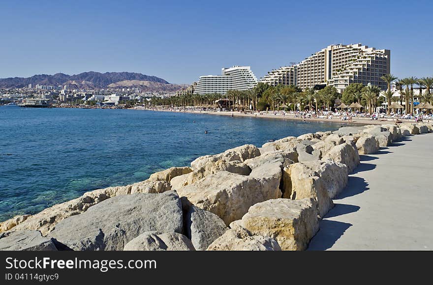 Eilat is a popular resort and recreation city in Israel, it is located on the northern beach of the gulf of Aqaba, Red Sea. Eilat is a popular resort and recreation city in Israel, it is located on the northern beach of the gulf of Aqaba, Red Sea