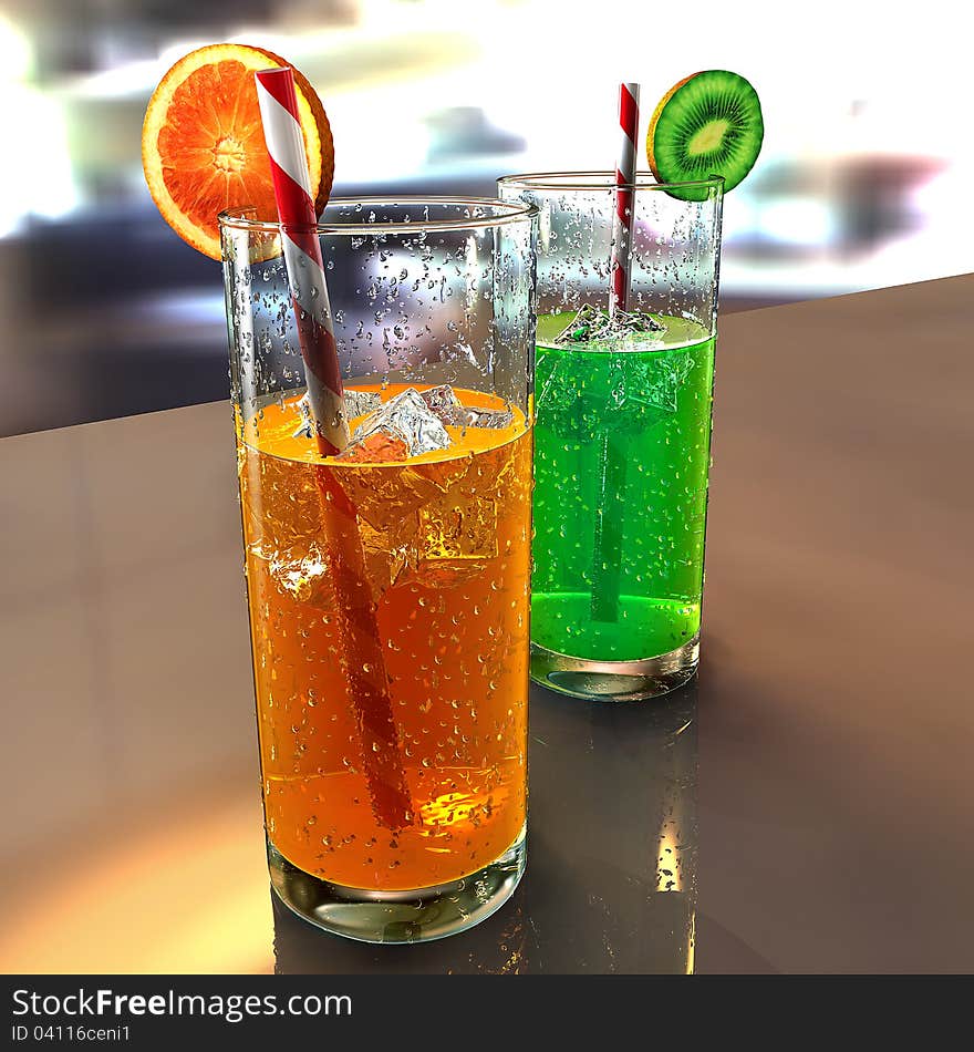 Two fruit cocktail glasses on a table.