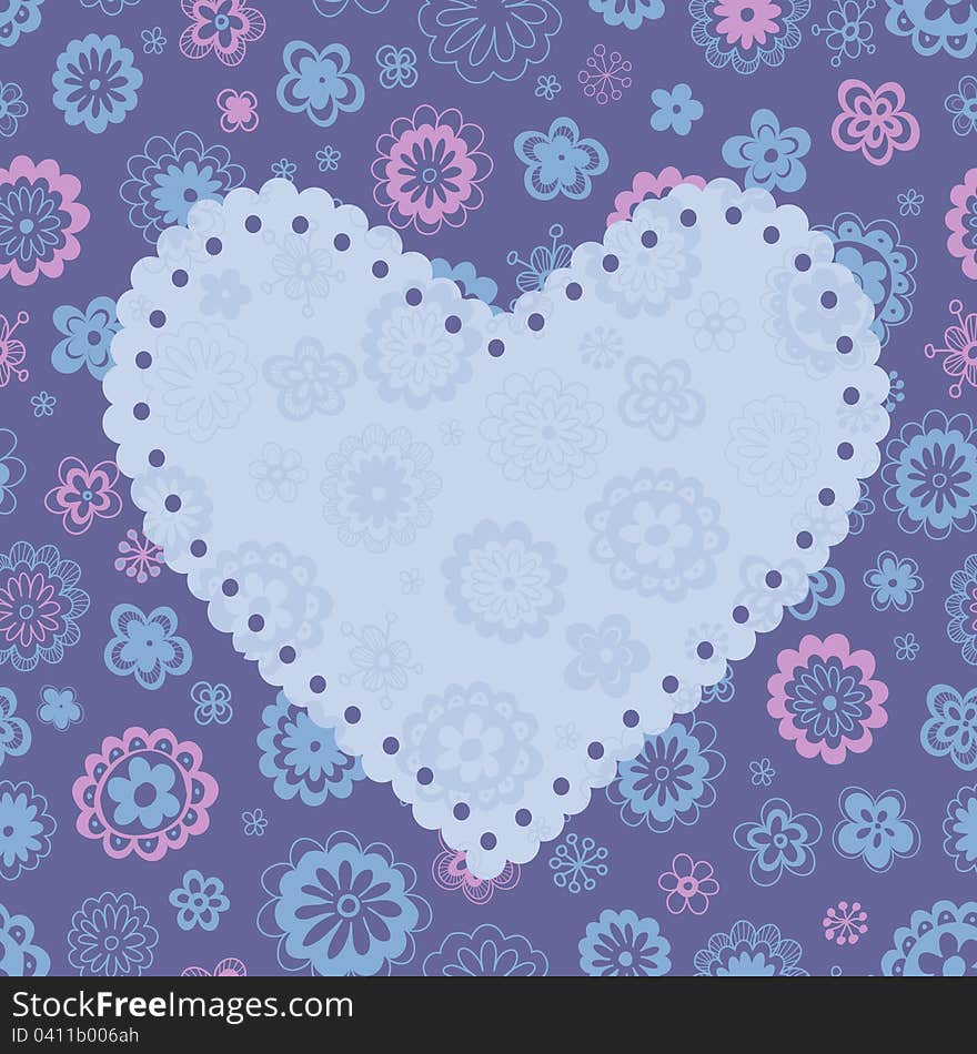 Romantic greeting card in the form of heart filled with hand drawn flowers with floral background. Vector illustration