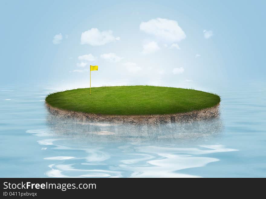 A golf green floating on water on blue background. A golf green floating on water on blue background