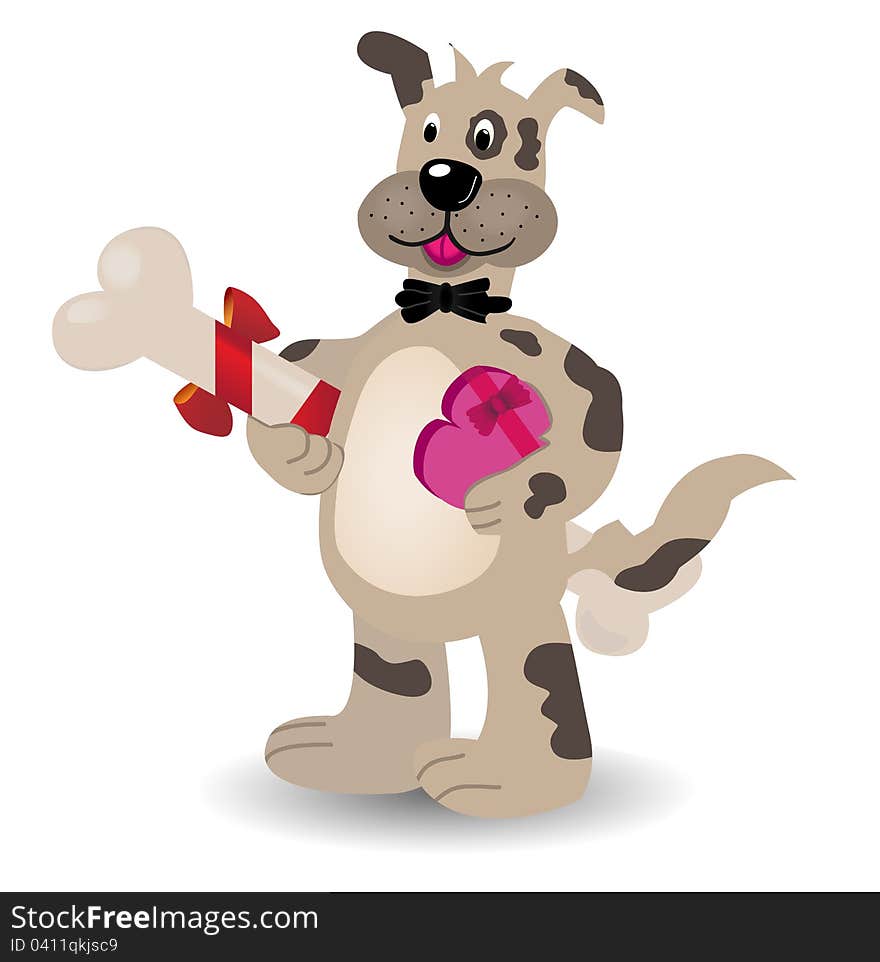 Dog with a bone going on a date. Vector illustration.