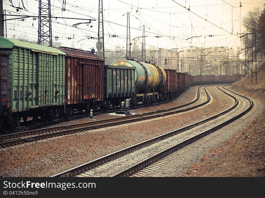 Railway into the distance, winding steel transportation, travel. Railway into the distance, winding steel transportation, travel