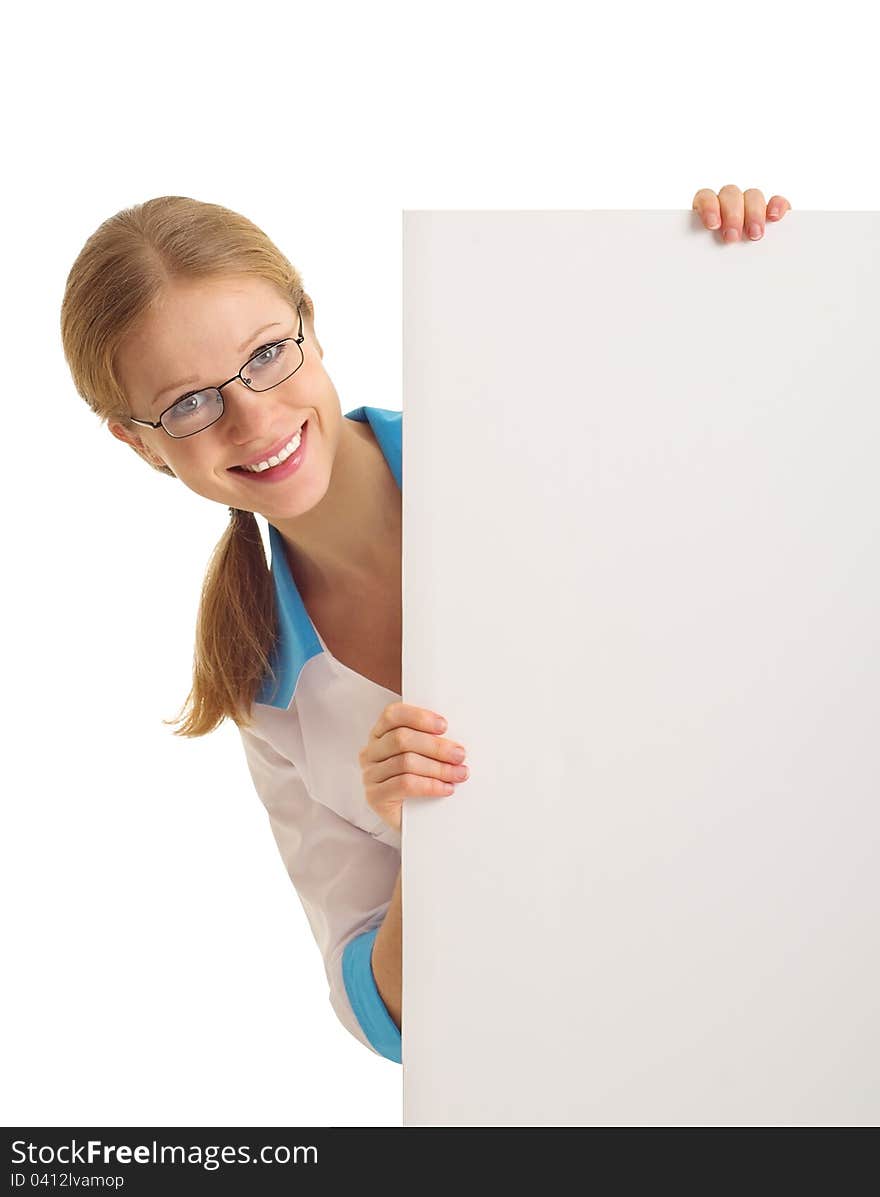 Beautiful nurse holding a blank banner