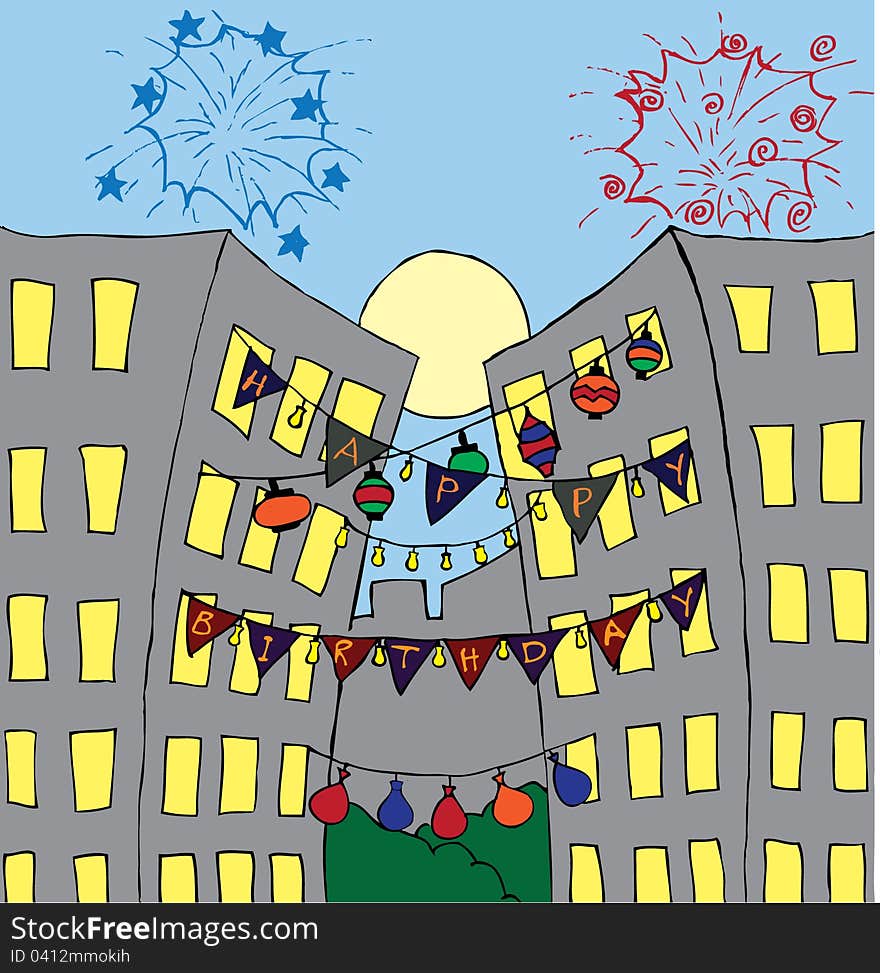 Illustration of a birthday card with decorated buildings. Illustration of a birthday card with decorated buildings