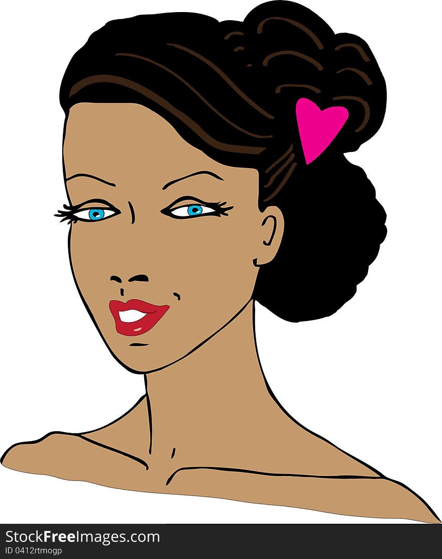 Beautiful woman face with a heart shaped hair clip in her hair