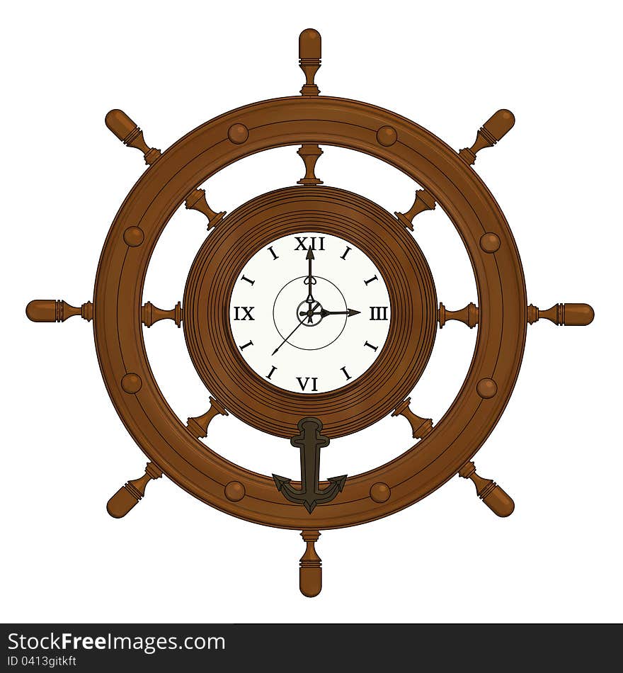 A cartoon wheel clock in marine style. A cartoon wheel clock in marine style