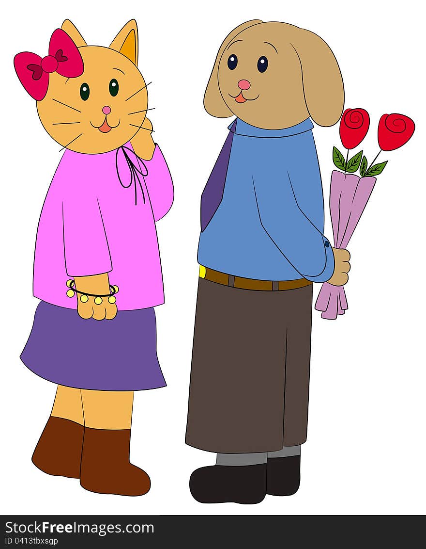 A humorous cartoon illustration of a dog about to give flowers to a cat. A humorous cartoon illustration of a dog about to give flowers to a cat