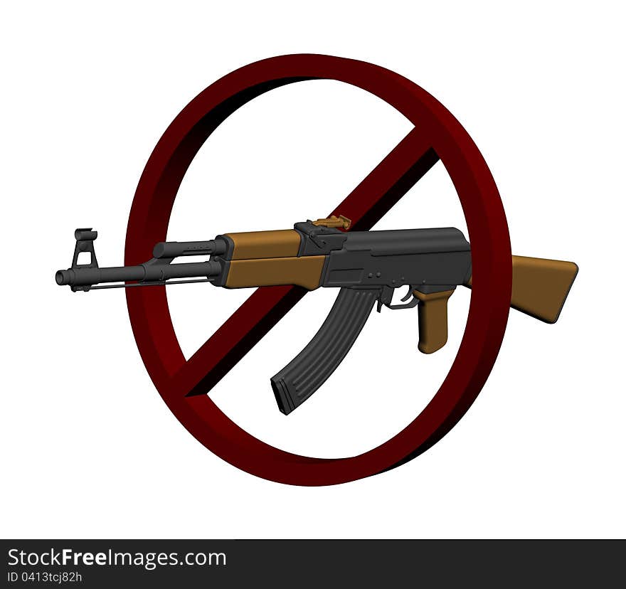 A three dimensionally rendered rifle with a banned sign. A three dimensionally rendered rifle with a banned sign