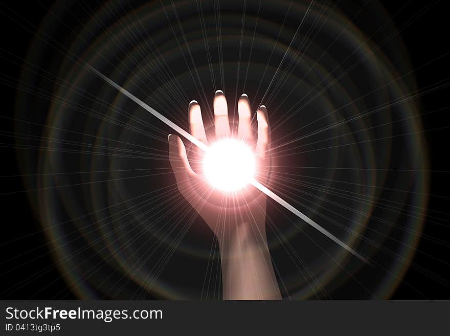 A three dimensionally rendered hand holding a glowing light. A three dimensionally rendered hand holding a glowing light