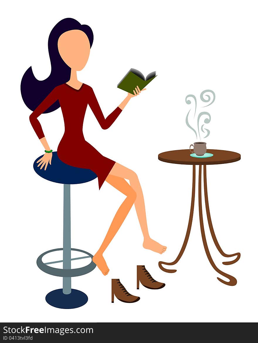 An abstract illustration of a girl relaxing while reading a book and having coffee. An abstract illustration of a girl relaxing while reading a book and having coffee