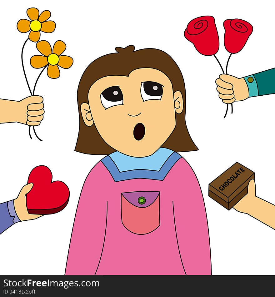 A funny cartoon illustration of a girl with many suitors giving her gifts