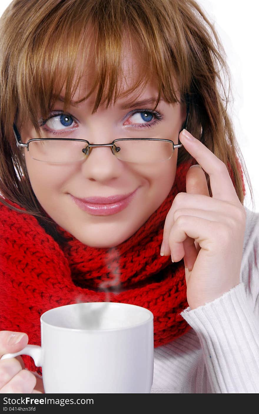 Winter girl with glasses and cup