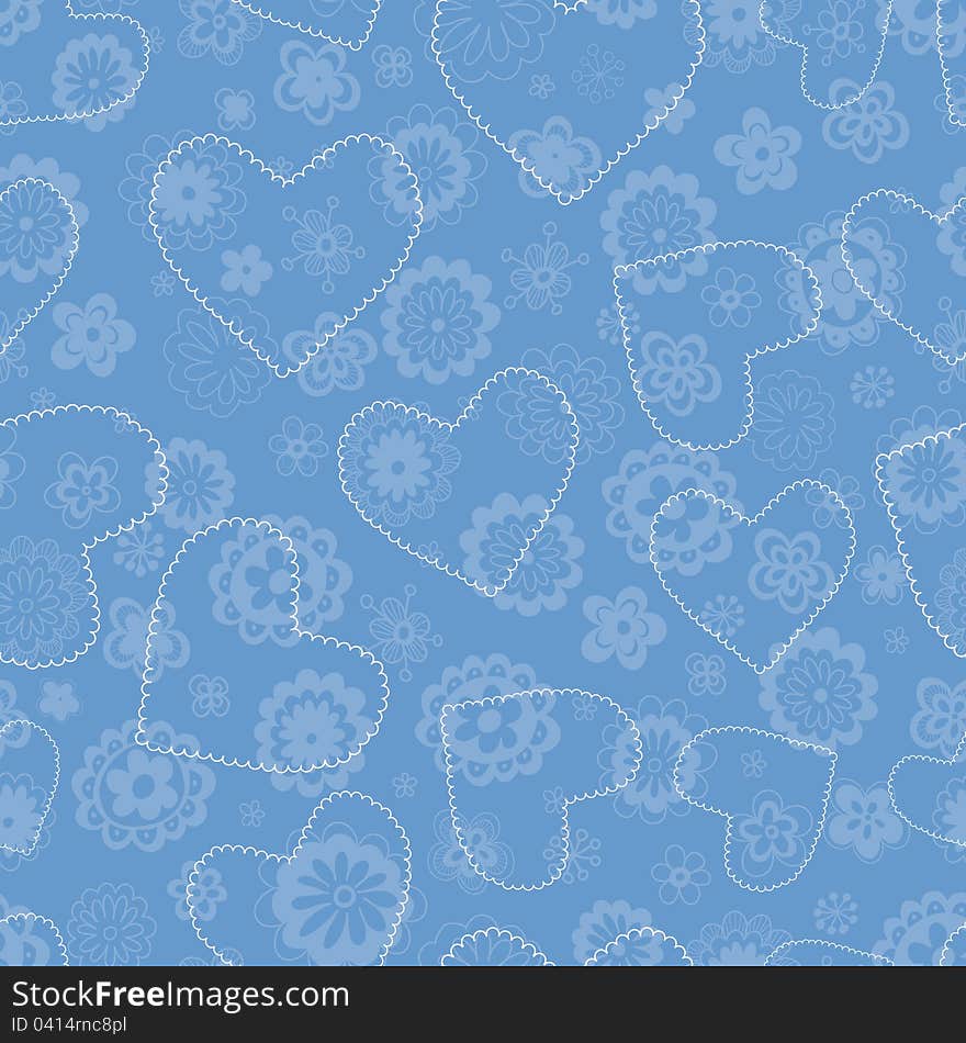 Romantic floral seamless pattern in blue tones with hearts. Vector illustration. Romantic floral seamless pattern in blue tones with hearts. Vector illustration