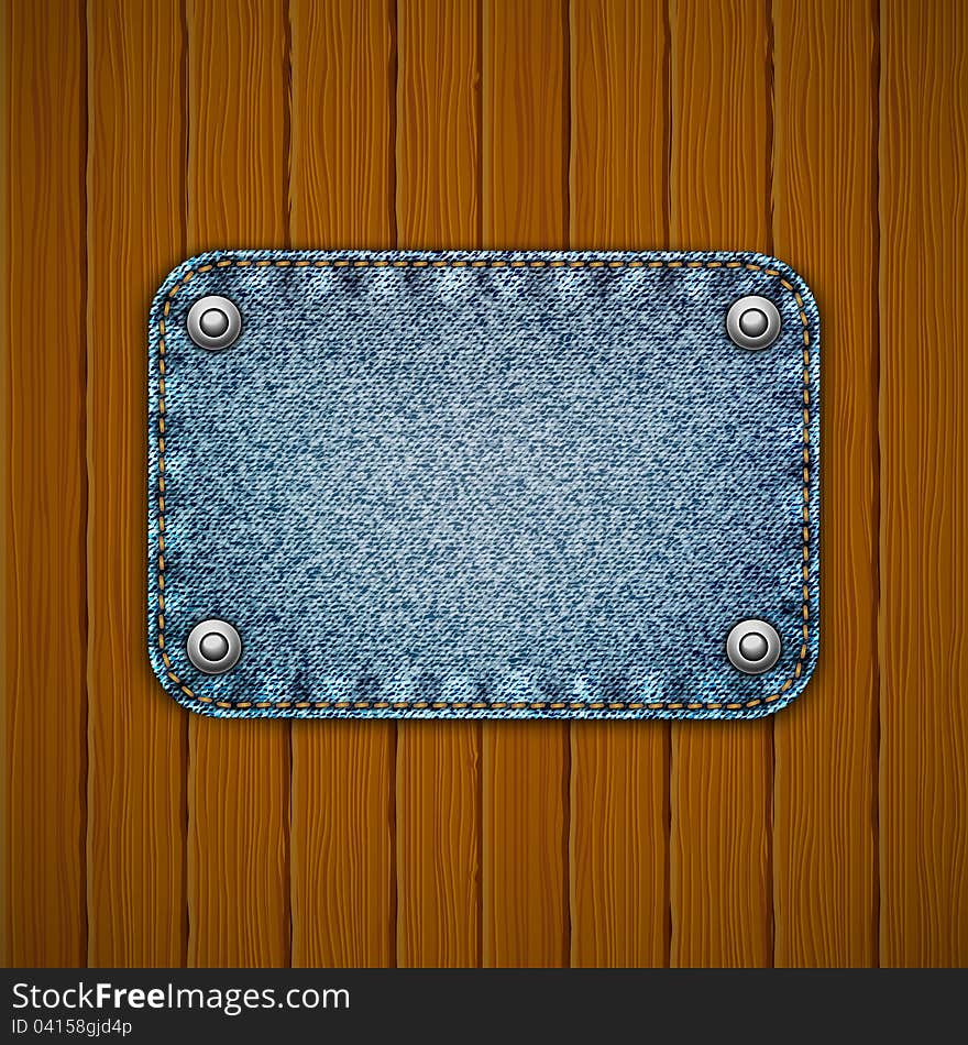 Wooden texture with denim element. Vector illustration