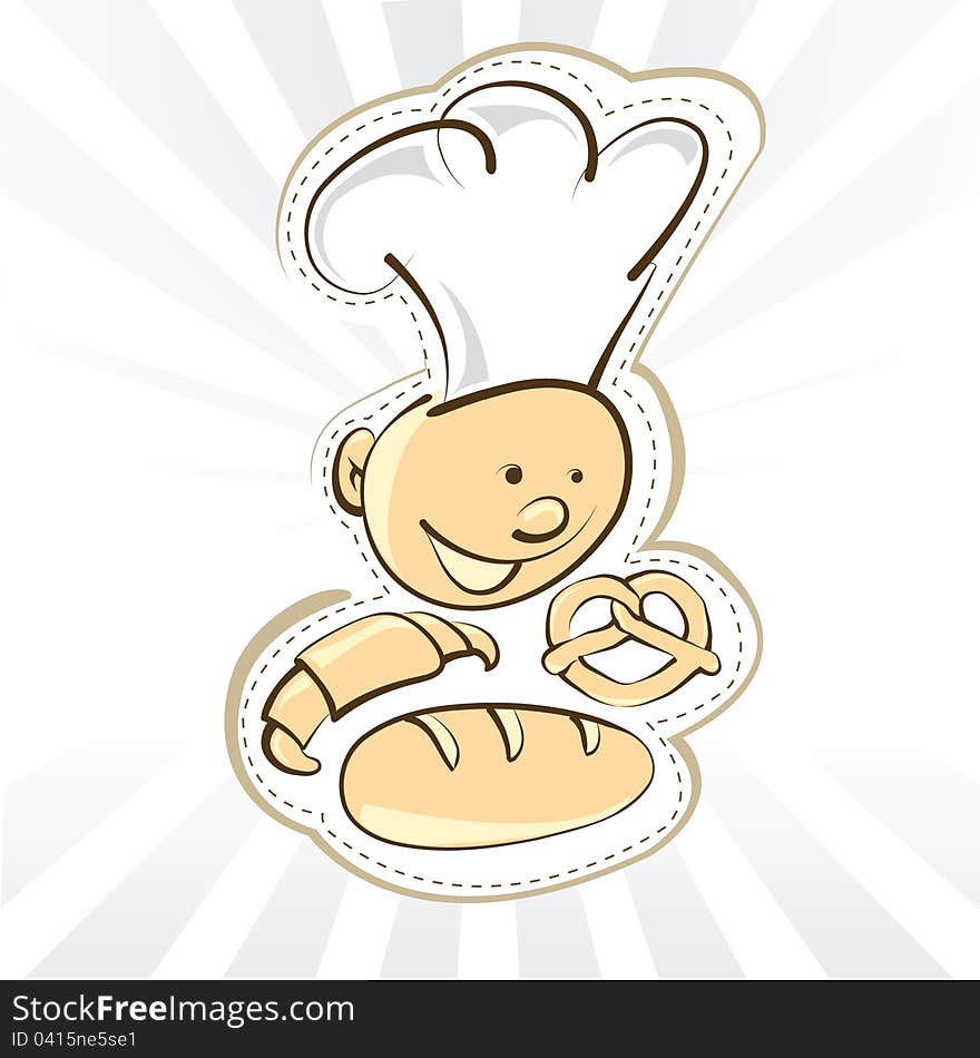 Happy baker cartoon character with pretzel bread and rolls. Happy baker cartoon character with pretzel bread and rolls