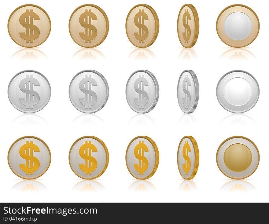 Coins with dollar money symbol, vector illustration in gold & silver. Coins with dollar money symbol, vector illustration in gold & silver