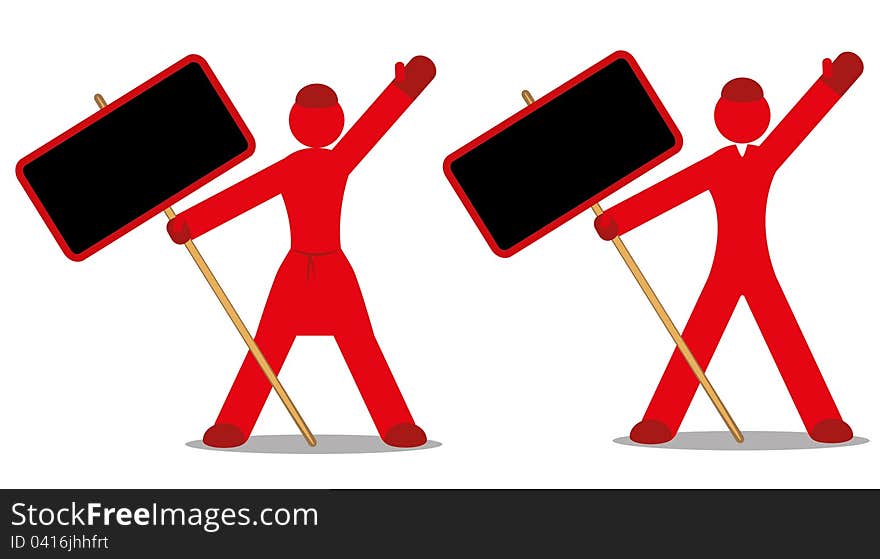 The image of striking workers with posters on a white background. The image of striking workers with posters on a white background.