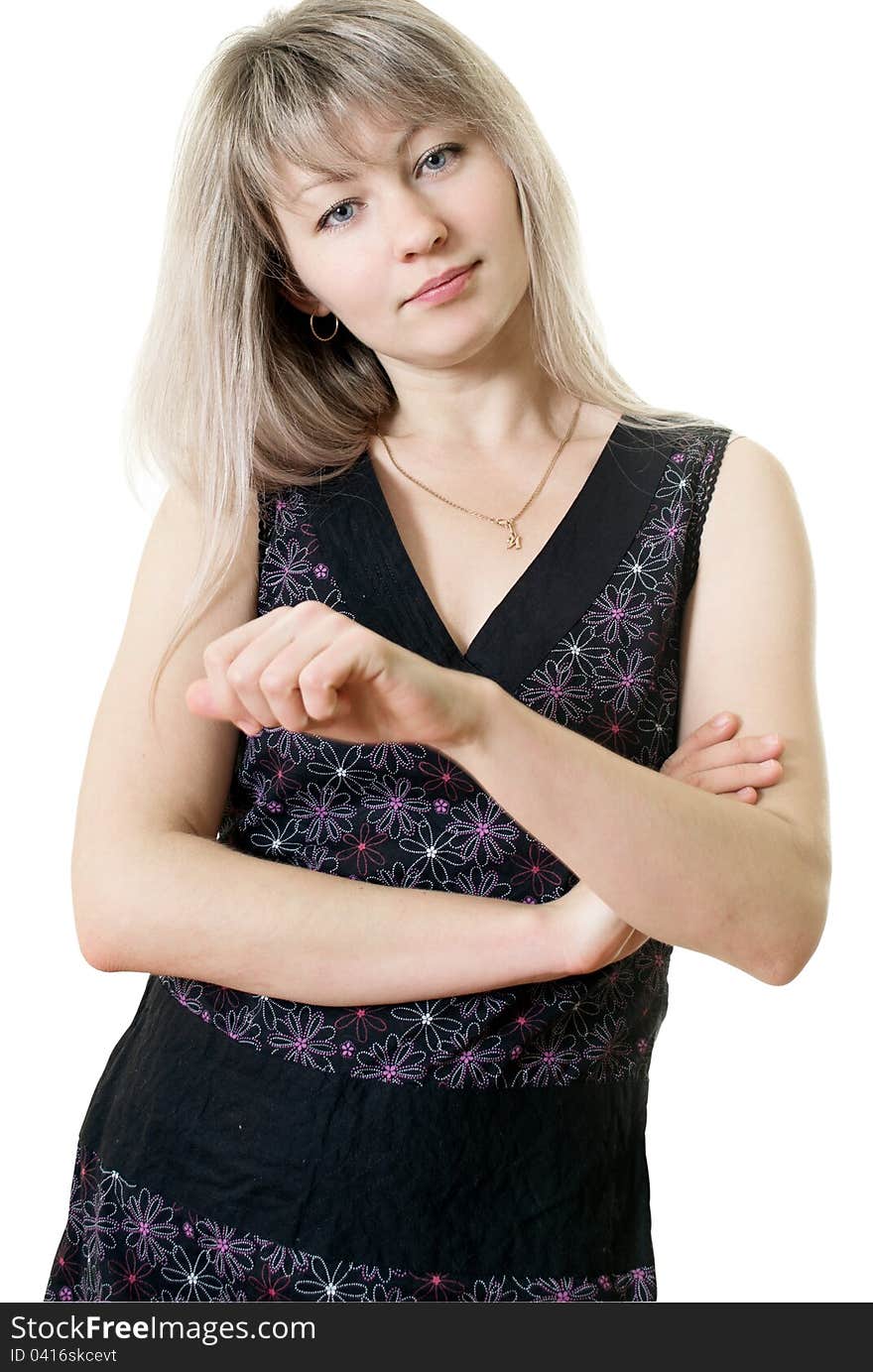 Beautiful young woman with long straight blond hair posing isolated on white background