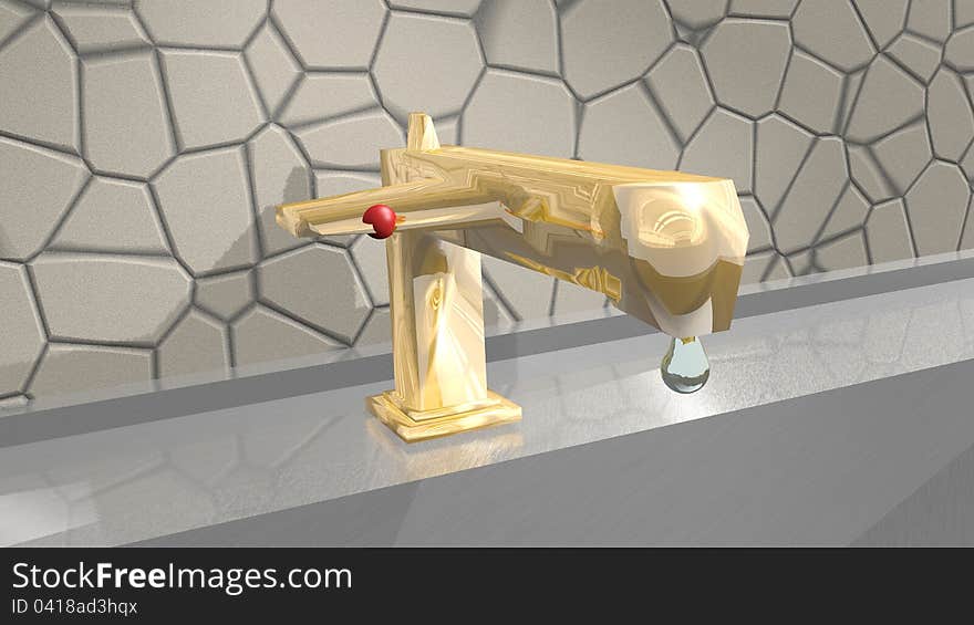 3d interior with golden water tap