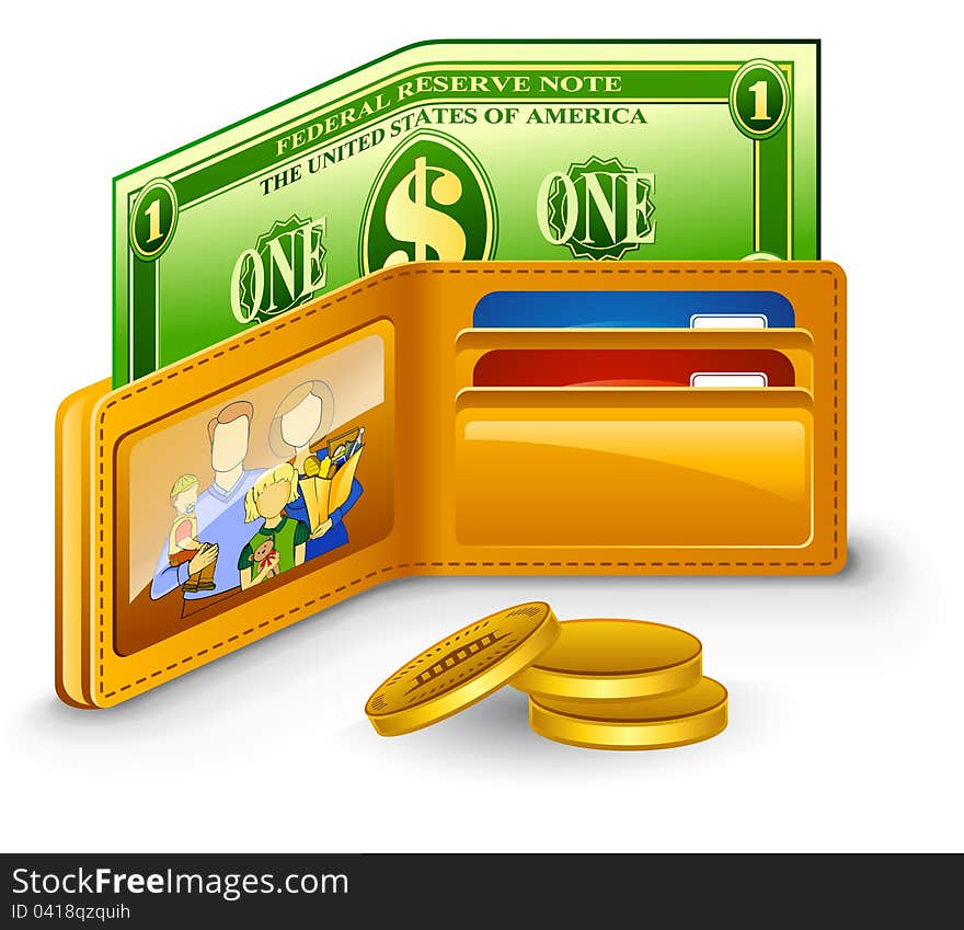 Wallet with dollar and coins