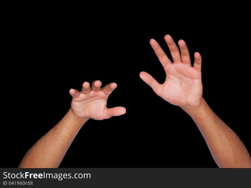 Men's arms elbow grab isolated on black background. Men's arms elbow grab isolated on black background