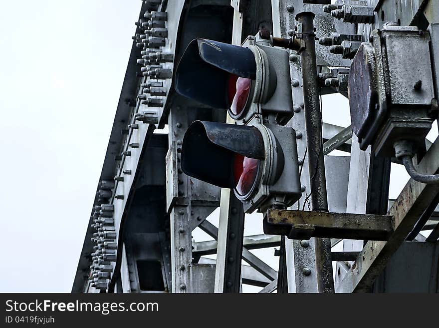 Ship traffic light installed on old bridge in Bratislava, capital of Slovakia