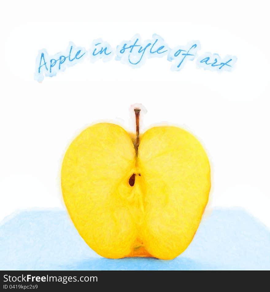 Apple cut on a blue background in style of art. A raster illustration. Apple cut on a blue background in style of art. A raster illustration.