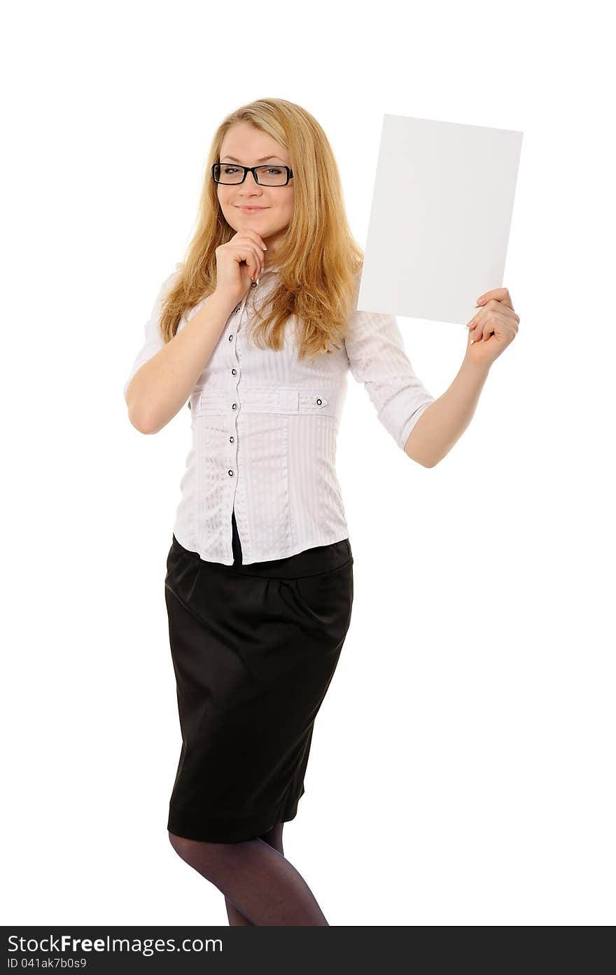 Young woman holding empty white board. On a white background