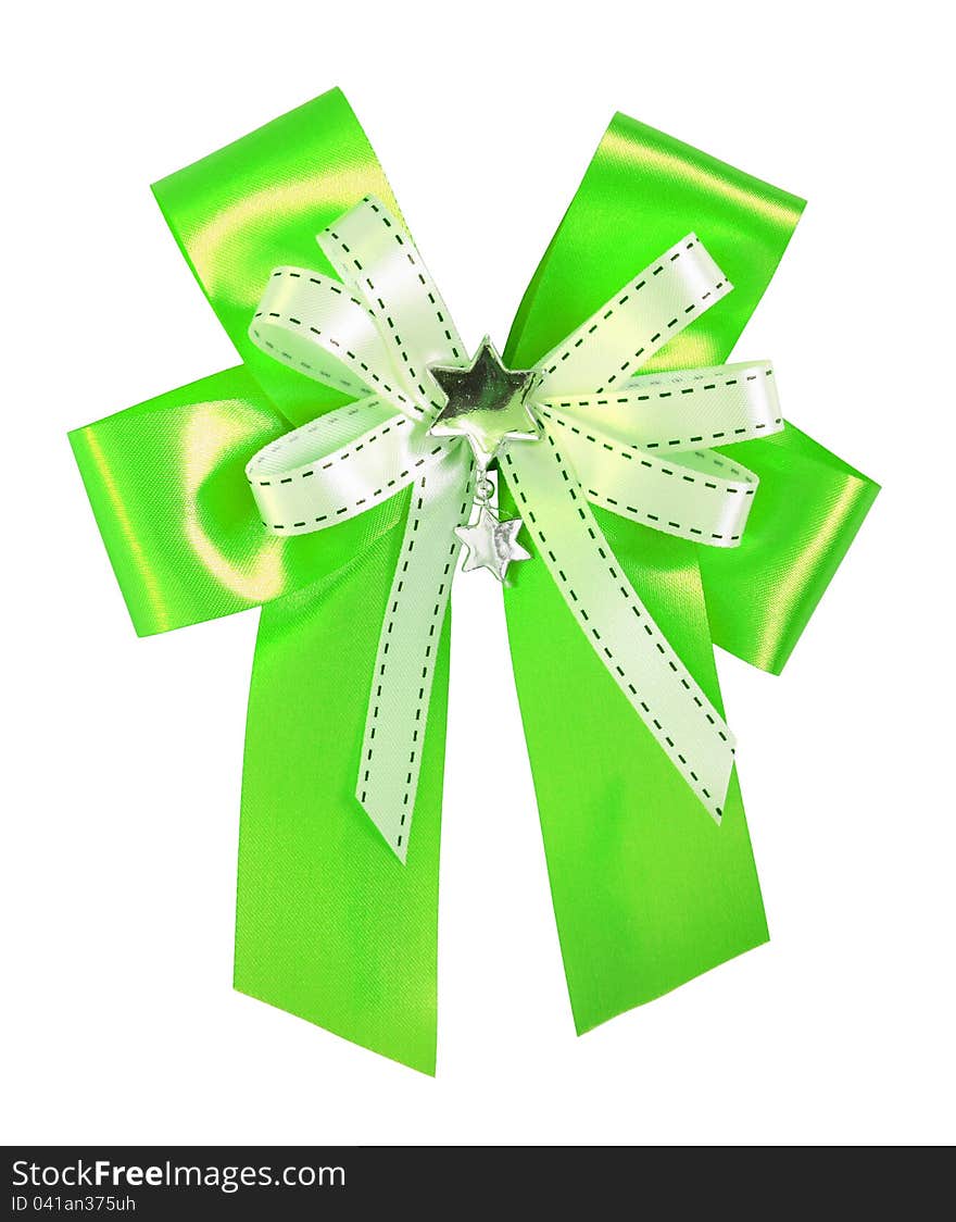 Green ribbon and bow Isolated on white background