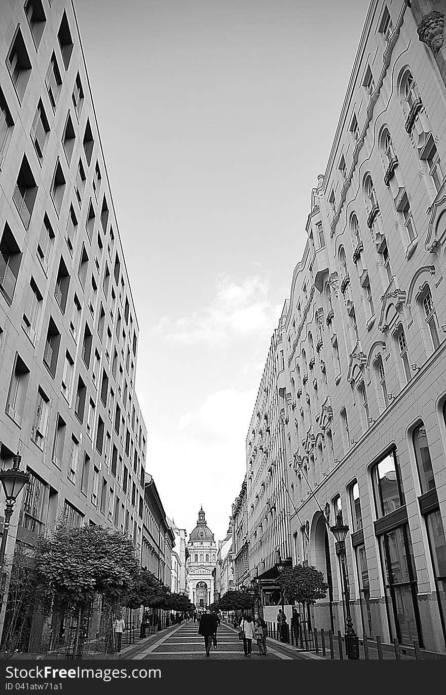 View of the Basilica from the old street of Budapest. View of the Basilica from the old street of Budapest