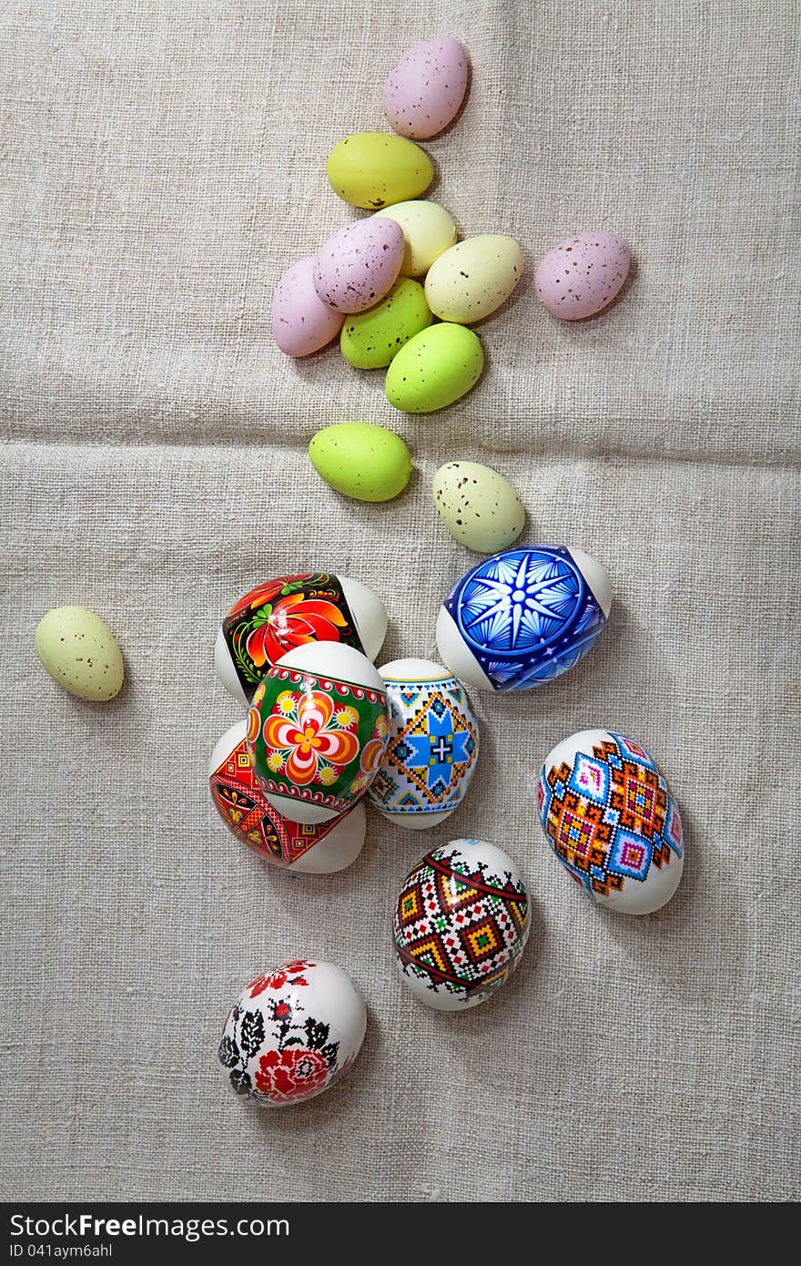 Painted Colorful Easter Eggs on linen fabric