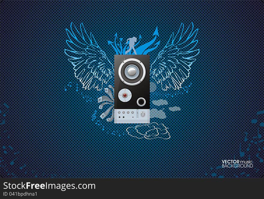 Music blue background with speaker and wings. Music blue background with speaker and wings