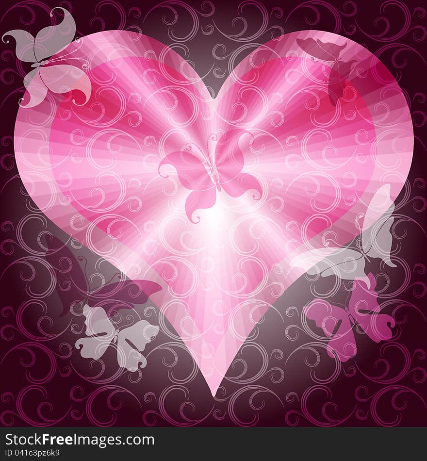 Dark pink valentines frame with heart, curls and butterflies (vector EPS 10)