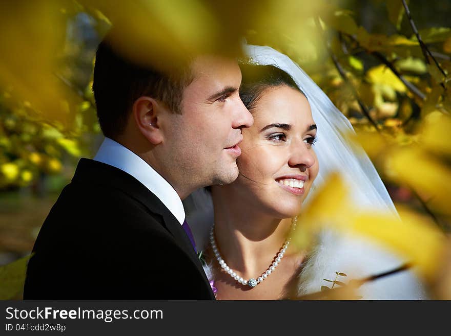 Portrait bride and groom in yellow autumn foliage