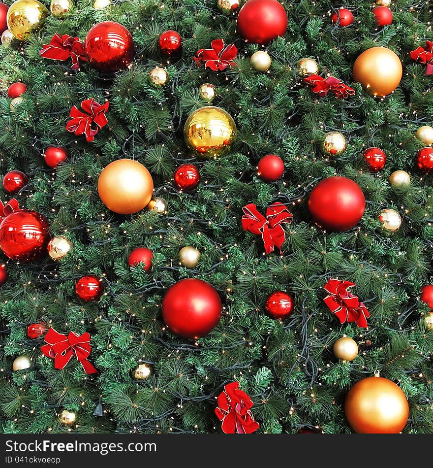 Close up decorative christmas balls and Christmas tree