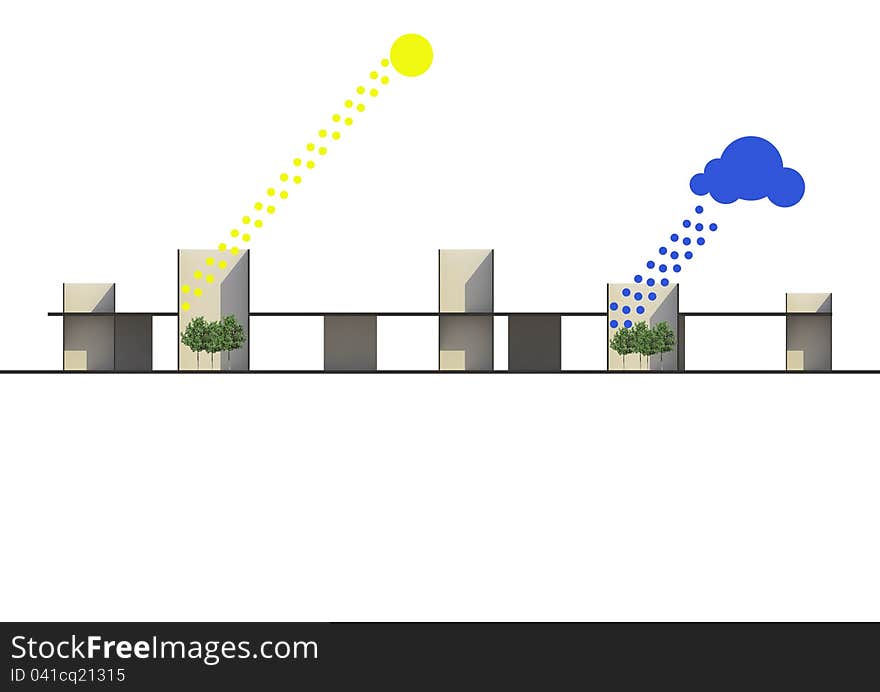 A concept of weather related with architecture.
graphic of sun and raining with modern architecture.