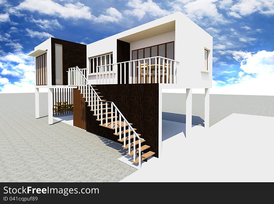 3d Modern house rendered with blue sky.