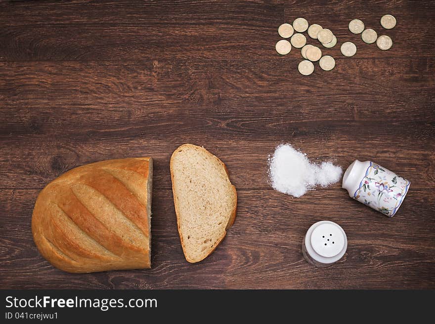 Ukrainan bread and sprinkled salt on table. Ukrainan bread and sprinkled salt on table