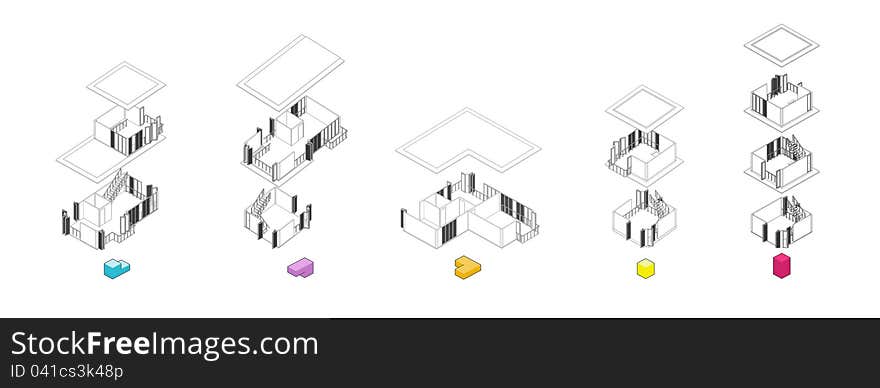 Architecture exploded units diagram,a conceptual picture explained how to build a houses.