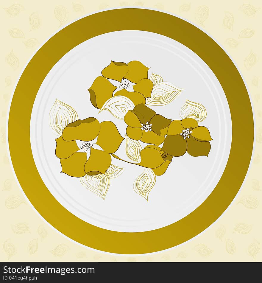 Illustration of plate with yellow flowers. Illustration of plate with yellow flowers