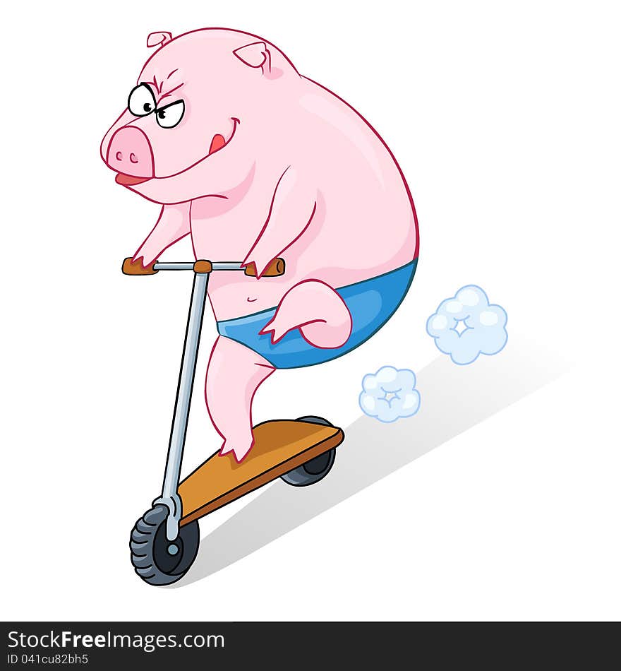 The pig goes on a skateboard