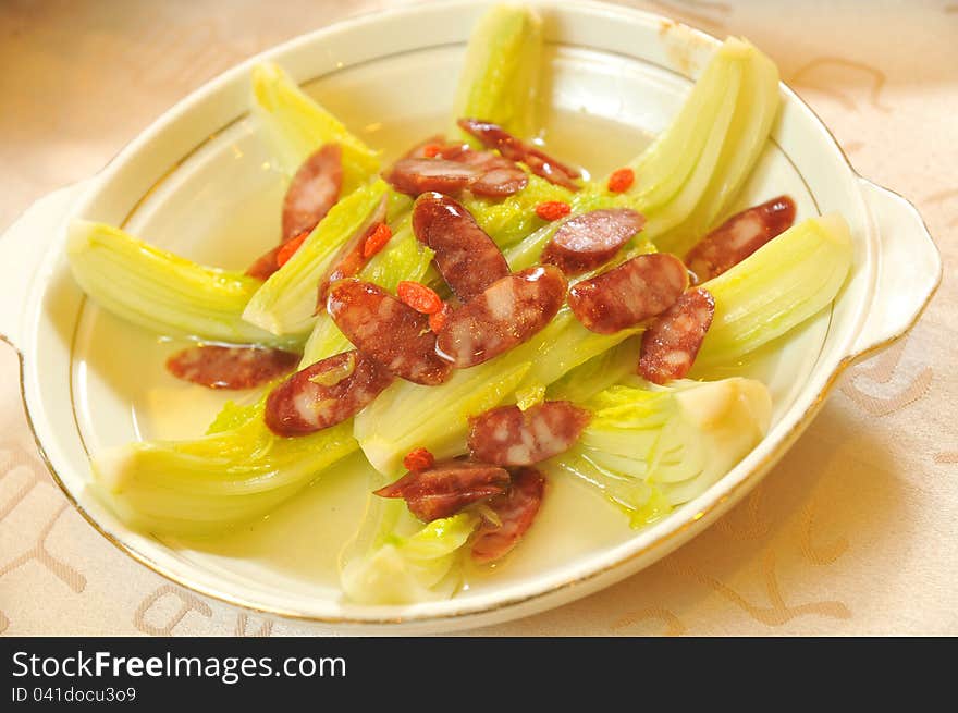 Sausages fried cabbage