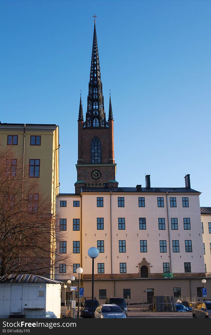 Historical Stockholm architecture, buildings in old town, January 2012