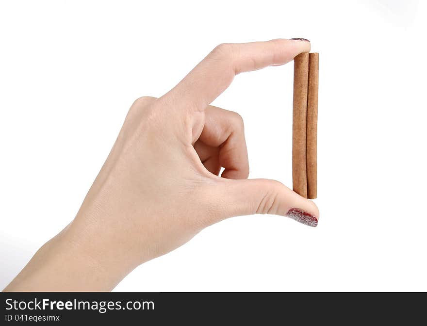 Female hand holding the cinnamon stick