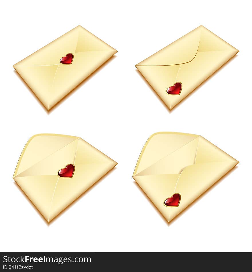 Set of gold envelopes with a seal in the form of heart. Set of gold envelopes with a seal in the form of heart