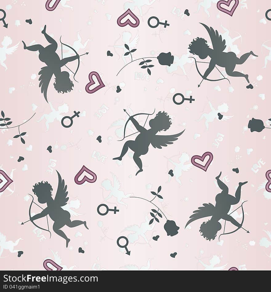 Seamless pattern with cupids and roses