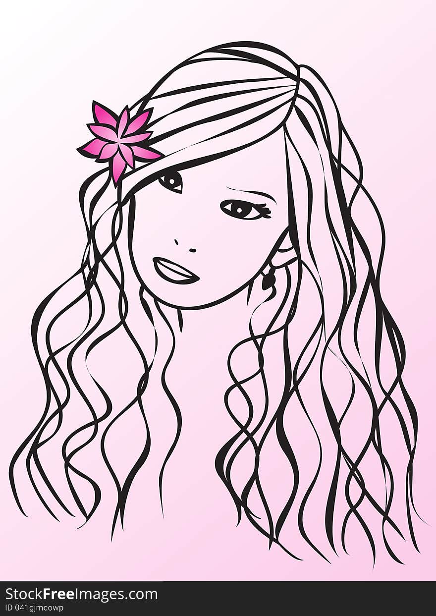 Girl with long hair and flowers - illustration. Girl with long hair and flowers - illustration