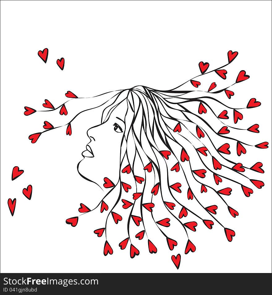 Woman with hearts in hair - abstract illustration