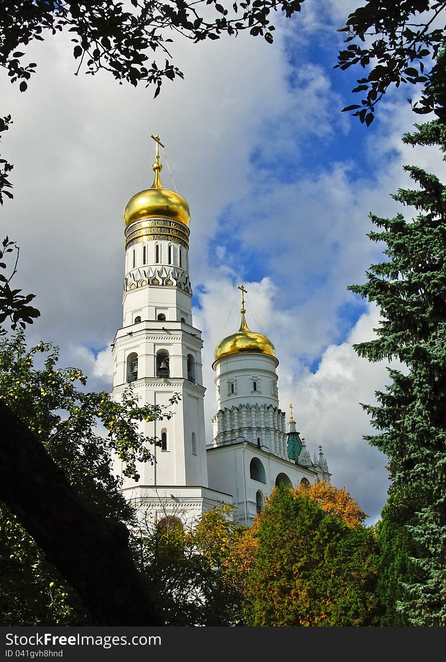 Great Cathedrals of Moscow Kremlin. Ivan Great bell tower in Kremlin, Russian historic architecture.